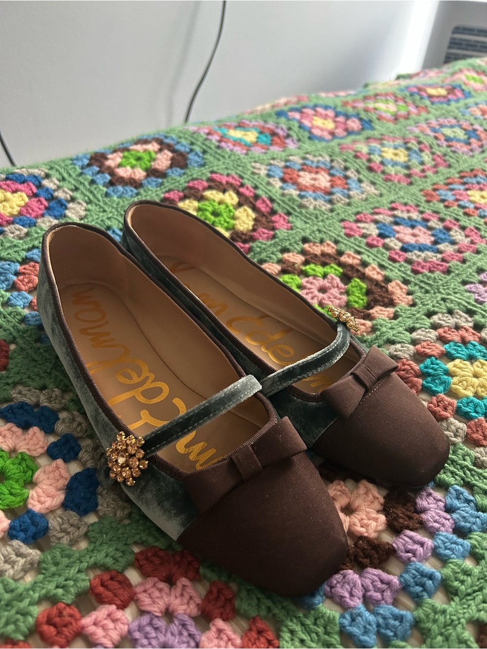 SAM EDELMAN Madi Mary Jane Velvet Rhinestone Flat Shoes - Teal/Brown - Size 7